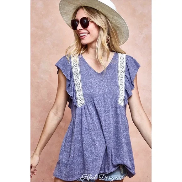 ❤️NEW! V Neck Tri Blend Soft Knit Top with Crochet Lace Detail! - Picture 8 of 10